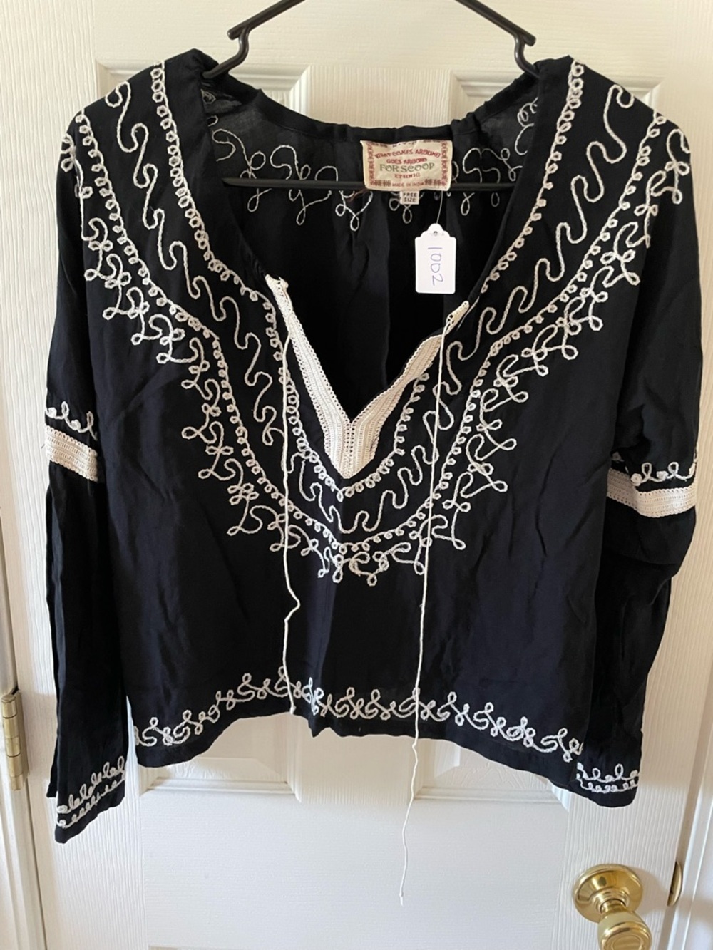 For Scoop Boho Embroidered Blouse Black White Bell Sleeve Free Size